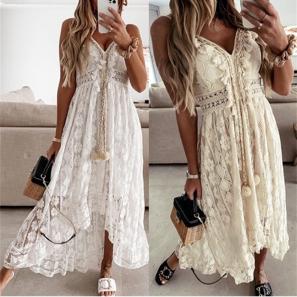 Vibrant Bohemian Lace Hem Maxi Swing Sundress - Picture 1 of 6
